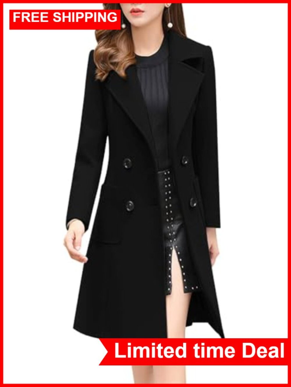 Women Notched Collar Double Breasted Wool Blend Over Coat Long Pea Coat